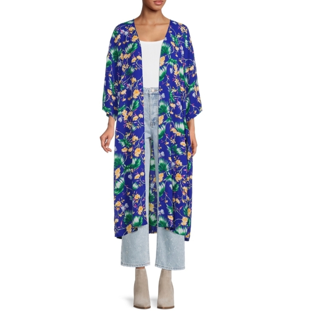 Pioneer Woman Open Front Printed Duster Enamel Blue Floral Plus Kimono - 2X/3X - Picture 1 of 12